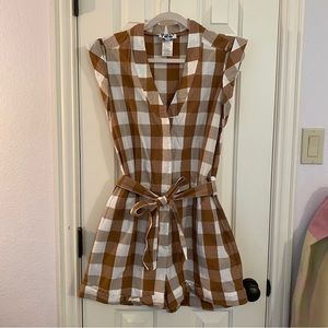 Anthropologie Whit Two Brown Gingham Romper M
